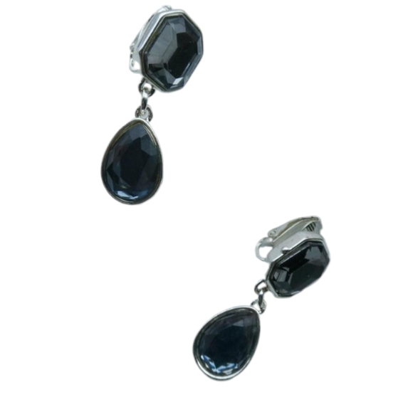 PENDENT Dangling Clip-On Blue Faux Sapphire Silver Earrings - Picture 3 of 10